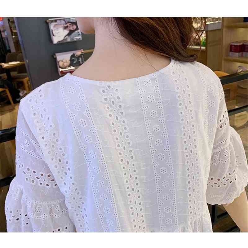 Fashion Summer Loose Vintage Dress Women V-Neck Lace Hollow Out Embroidery Elegant Mini Vestidos 210520