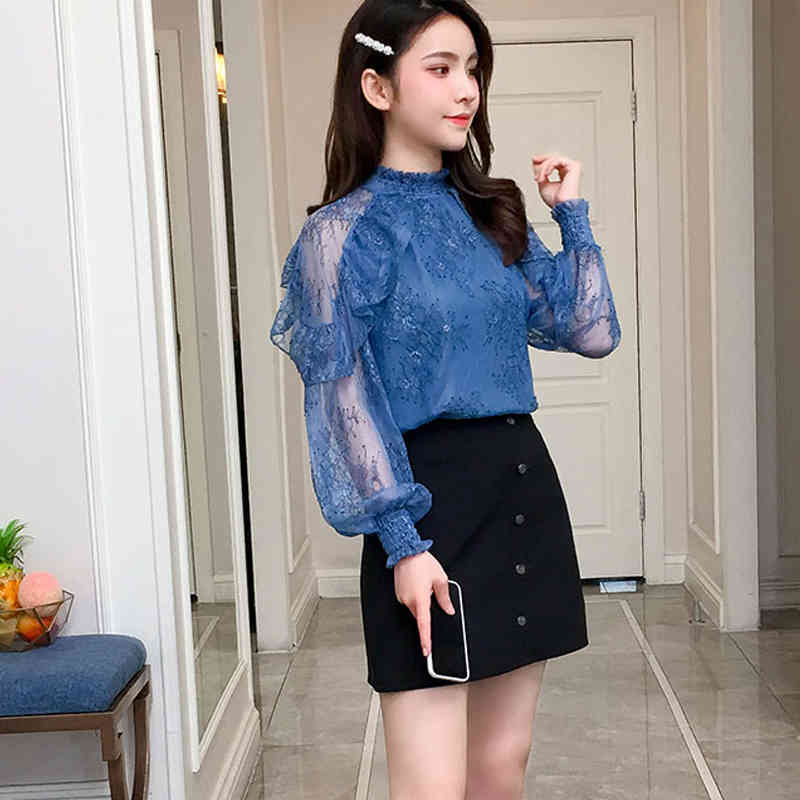 Women Blouse Lace Shirt Autumn Long Sleeves Transparent Hollow Out Flower embroidery Female Tops Blusa 603J 210420