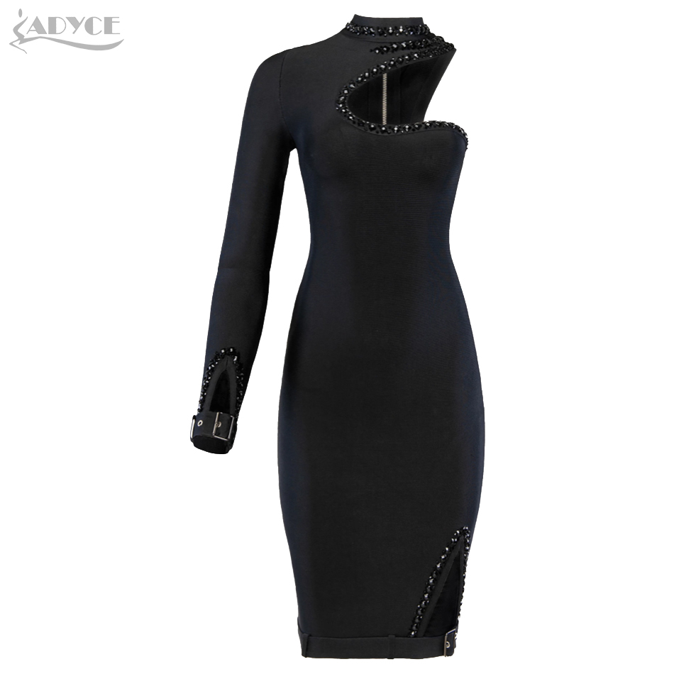 Summer One Shoulder Long Sleeve Bandage Dress Women Sexy Hollow Out Beading Club Celebrity Runway Party Vestidos 210423