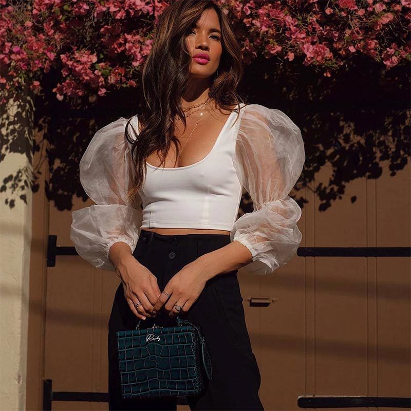 Women Sexy Puff Sleeve U Neck Blouse Casual Mesh Long Elegant Shirts Female Patchwork Crop Tops 210428