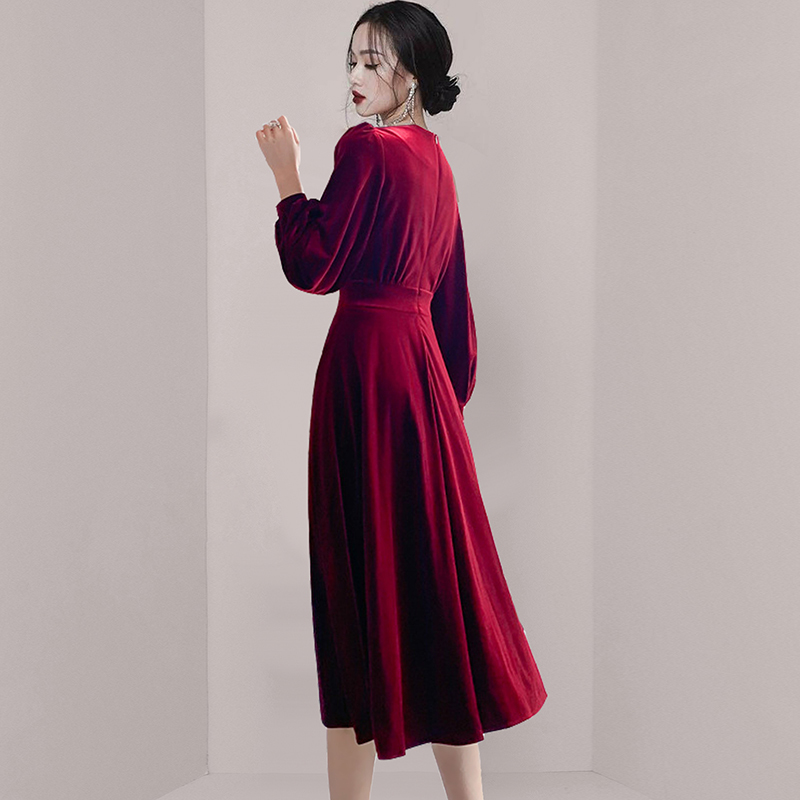 Autumn And Winter Ladies Temperament V-Neck Party Dresses Slim Waist Golden Long Velvet Vestido Da Festa 210520
