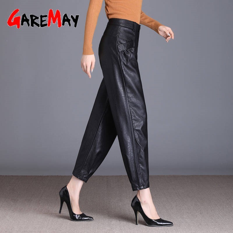 Women Black Faux Leather Suit Pants High Waist Pockets Fashion Lady Warm Pant Office Ladies Pu Trousers 210428