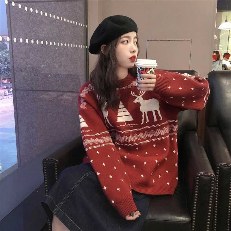 Yedinas Winter Christmas Deer Sweater Women Knitted Jumper Female Elk Print Sweaters Woman Pullover Knit Red Top Oversize 210527