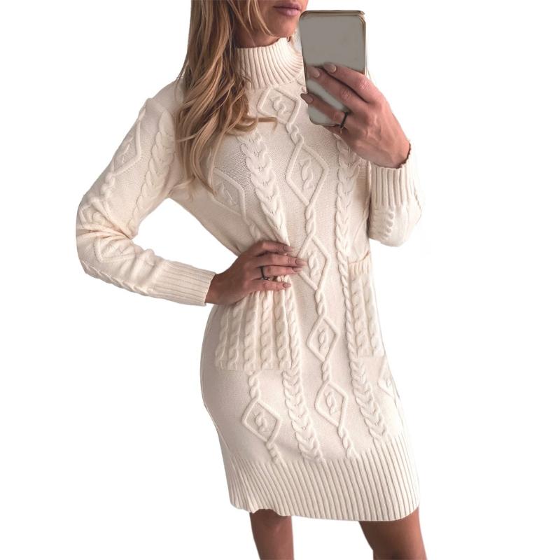 Women Long Sleeve Turtleneck Solid Color Cable Knit Slim Fit Midi Sweat Dress Casual Dresses