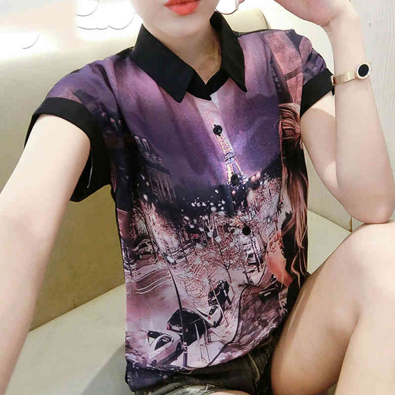 Fashion Women Blouses Printed Button Shirts Streetwear Short Sleeve Chiffon Blouse Ladies Tops Ropa De Mujer 4476 210427