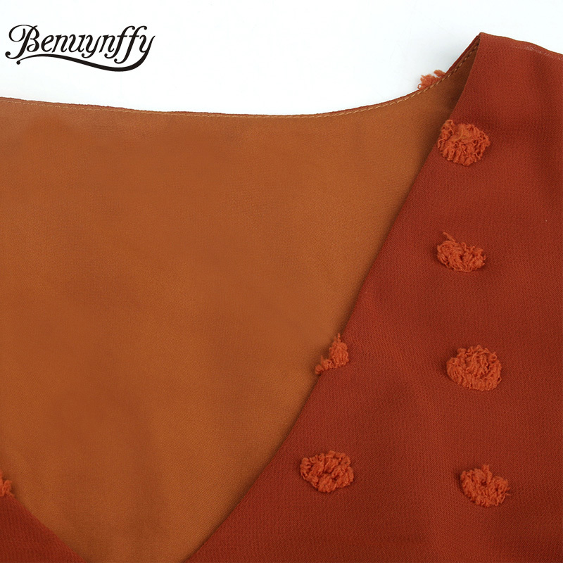 V-neck Button Front Swiss Dot Chiffon Dress Women Spring Summer 3/4 Sleeve Elegant Office Lady Midi with Belt 210510