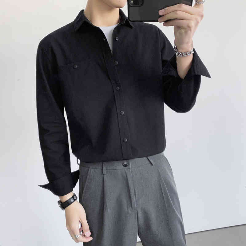 Spring New Loose Men Casual Shirts Long Sleeve Solid All Match Front Pocket Decor 100% Cotton Blouse Homme Streetwear 3XL-M 210410