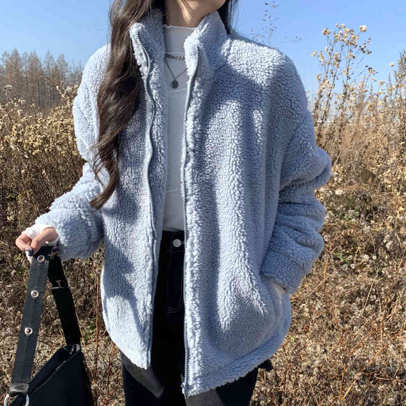 3 colors autumn and winter korean style stand collar solid color lamb wool thick warm coats and jackets womens (C2956) 210423