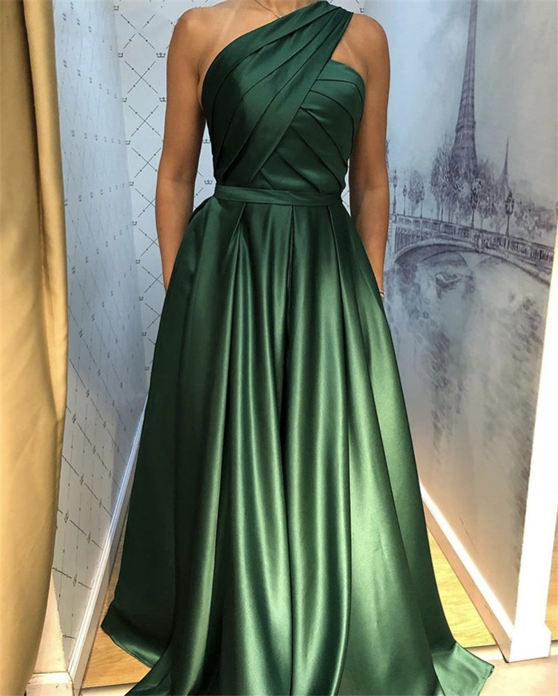 Green One Shoulder Sleeveless A-Line Evening Dress Party Floor Length Satin Pleated Long Prom Dresses vestidos de fiesta de noche