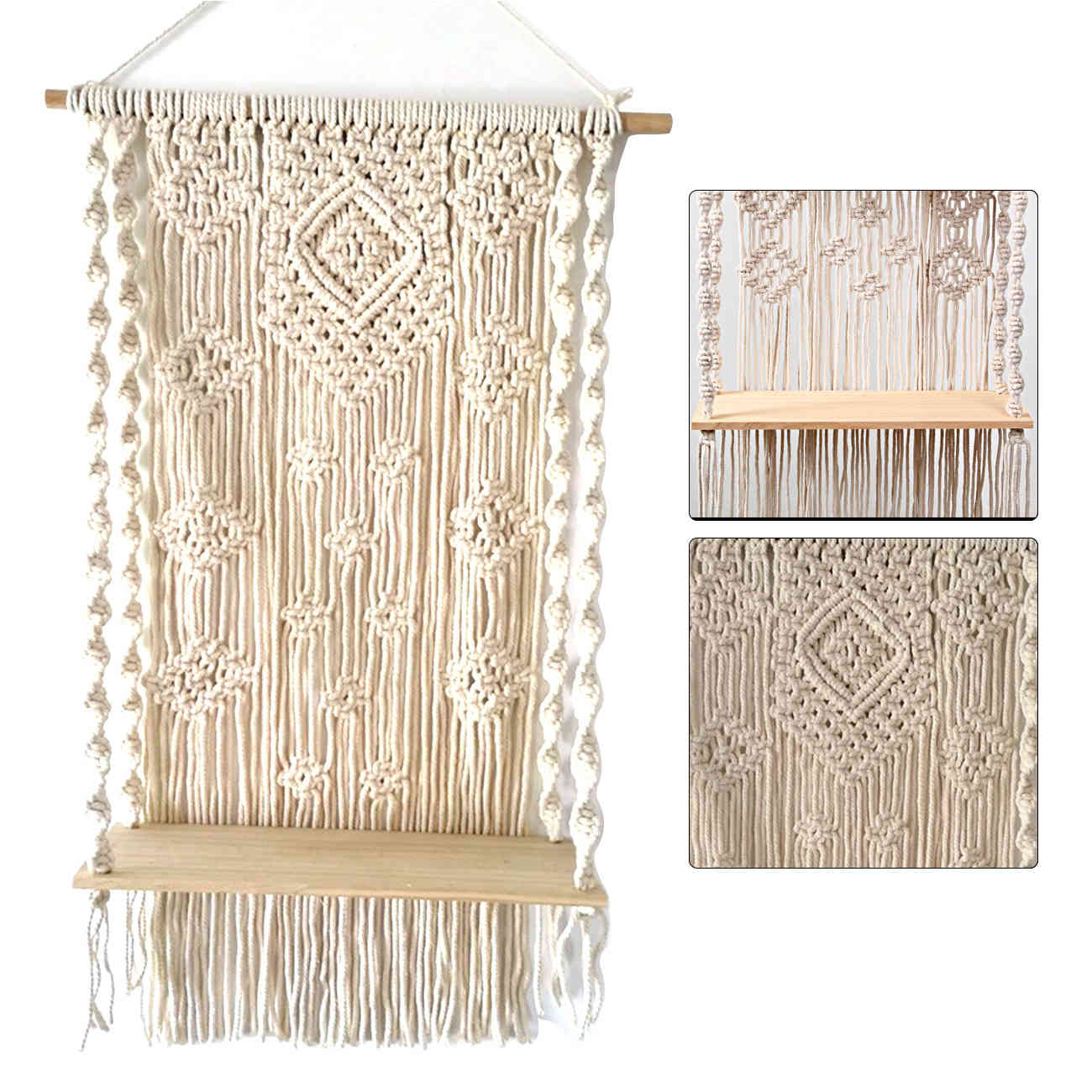 Bohemian Wooden Handmade Macrame Wall Hanging Rope Shelf Floating Plant Rack Stand Macrame Tapestry Decor Ornament