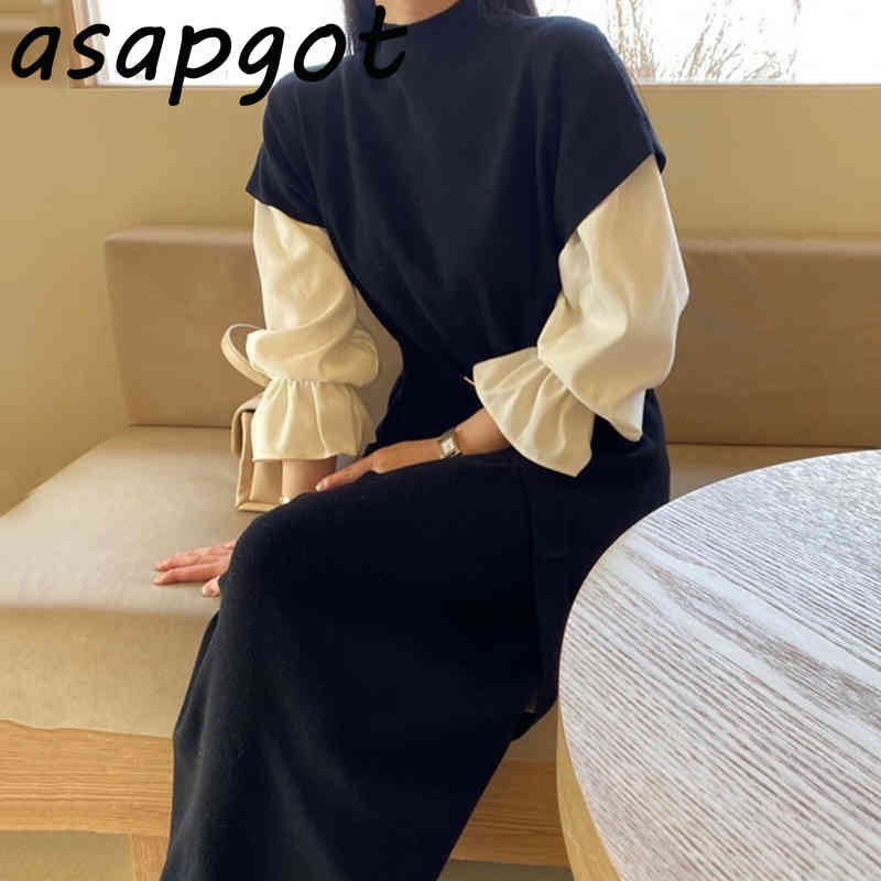 Autumn Chic Solid Loose Flare Sleeve Blouse Tops Half Turtleneck Short Knitted Dress Women Bandage Lace Up Waist Casual 210429