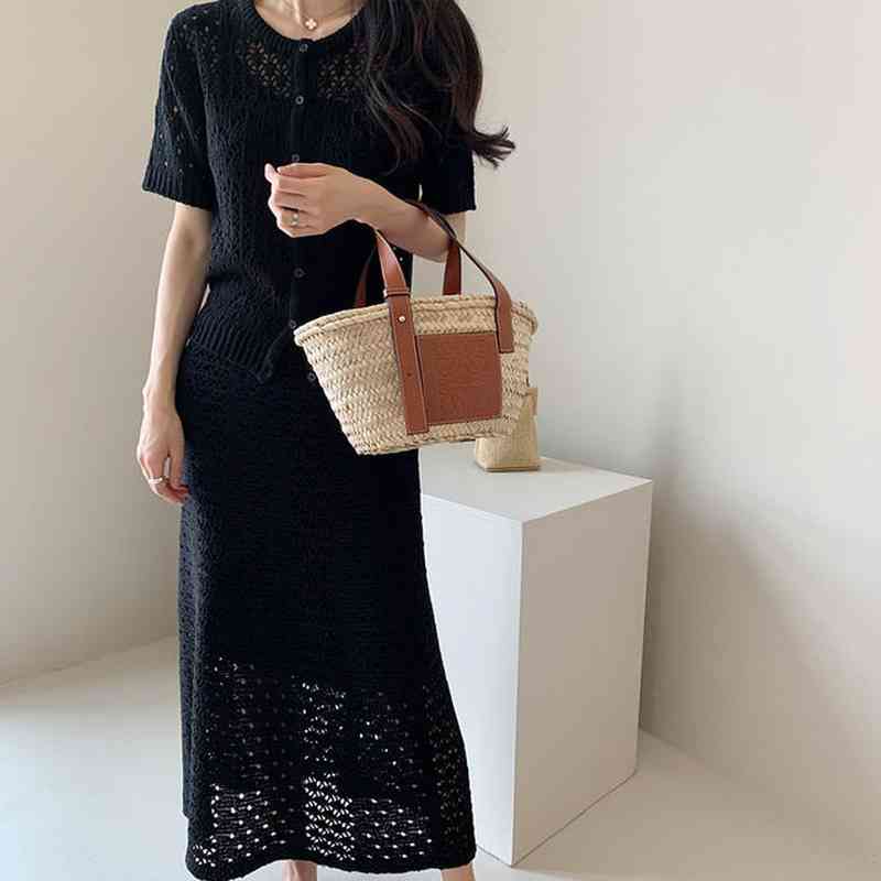 Matching Sets White O Neck Short Sleeve Lace Hollow Out Cardigan Top Thin Summer High Waist Wrap Hip Mermaid Skirt Korean Chic 210429