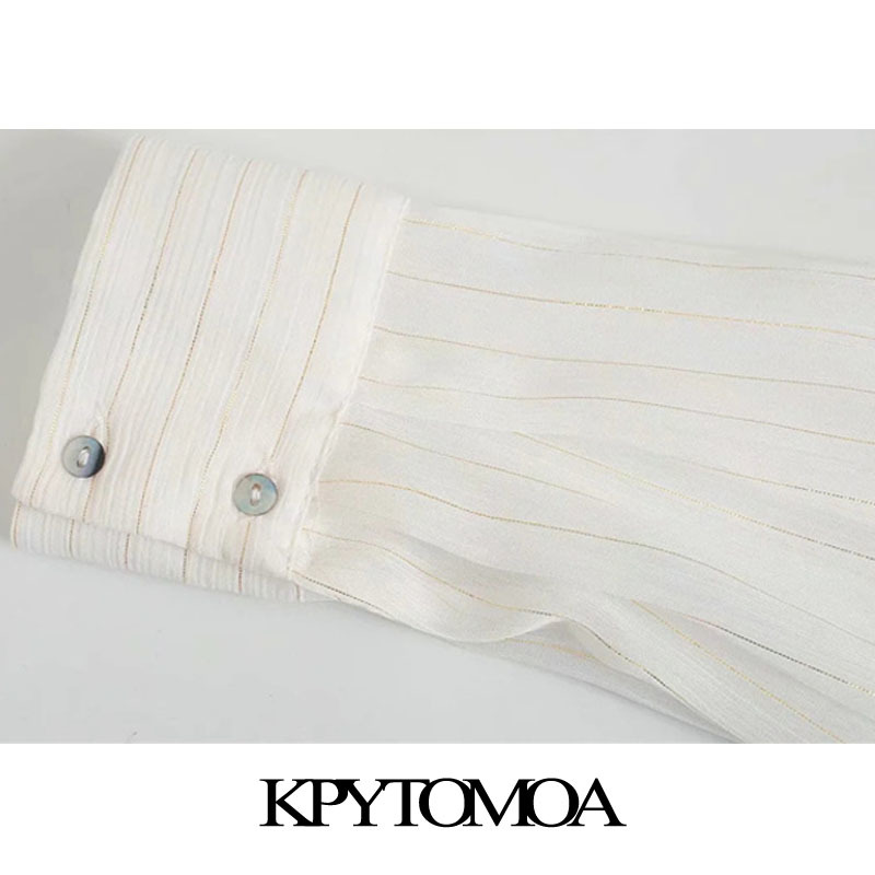 Women Fashion Semi-Sheer Metallic Thread Striped Blouses Long Sleeve Button-up Female Shirts Chic Tops 210420