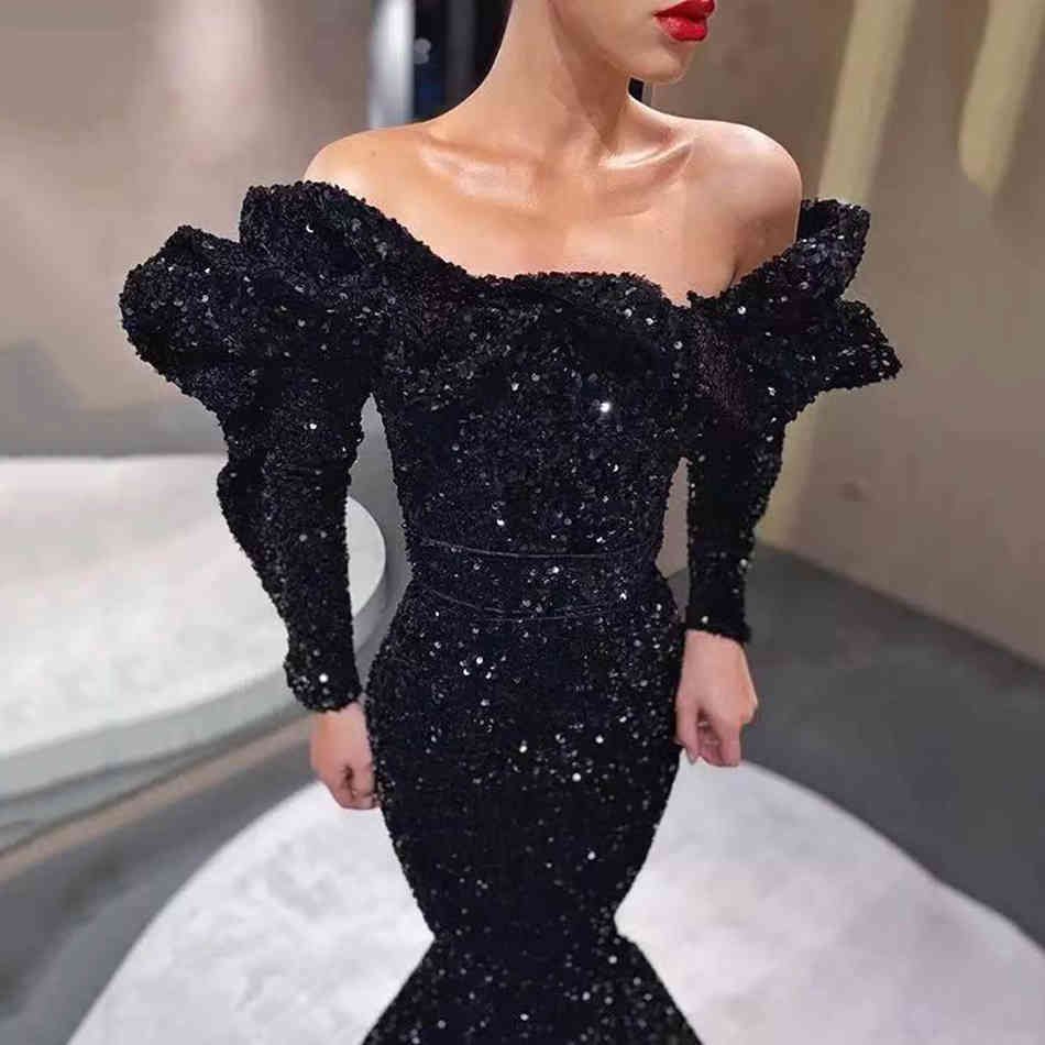 Free High Quality Women Party Sequin Dress Sexy Card Shoulder Long Sleeve Bodycon Club Fishtail Vestidos 210524