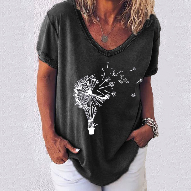 Plus Size Women Dandelion Print T-shirts Casual V-Neck T-shirt Solid Color Short Sleeve Tops Summer Elegant Lady Pullover 5XL 210515