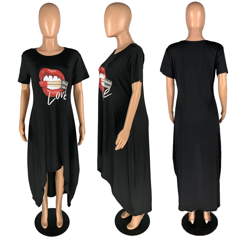 Dress Women Plus Size Summer Crewneck Short Sleeve Tshirt Dress Streetwear Irregular Casual Long Dress Wholesale Dropshipping 210409