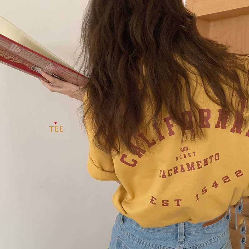 Korejpaa Women T-Shirt Summer Korean Chic Girls Simple Casual Basic Round Neck Contrast Letter Printing Loose Versatile Top 210526