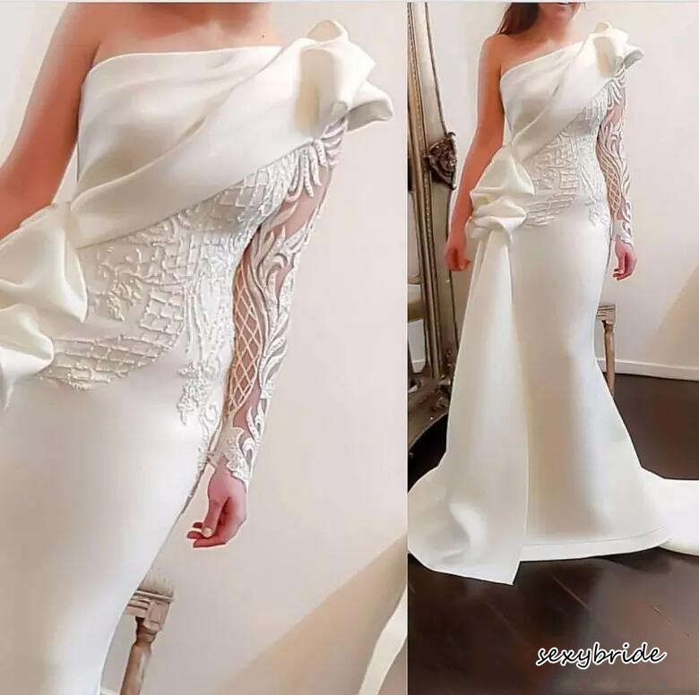 Elegant One Shoulder Mermaid Formal Evening Dresses Long Party Prom Gowns 2021 Full Sleeve Satin Ruched Ruffles Applique Lace Celebrity Wear Sweep Tra