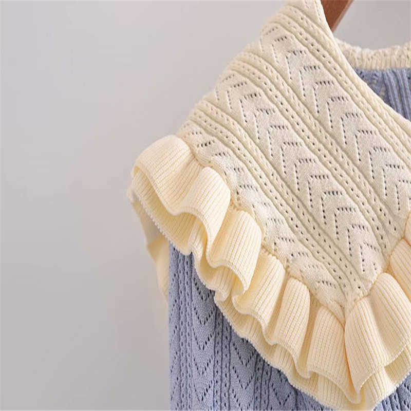 ZA Vintage Ruffle Knit Sweater Women Short Puff Sleeve Blue Spring Knitted Top Woman Fashion Streetwear Elastic Pullover 210602