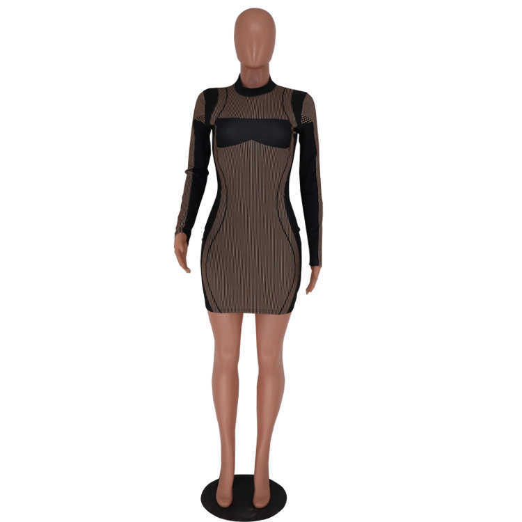 Patchwork Striped Dress Long Sleeve Pullover O-neck High Waist Slim Sexy Short Summer Mini Black Bodycon es Clubwears 210604