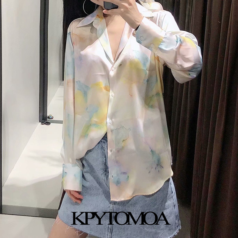Women Fashion Tie-Dye Print Soft Touch Blouses Long Sleeve Button-up Female Shirts Blusas Chic Tops 210420