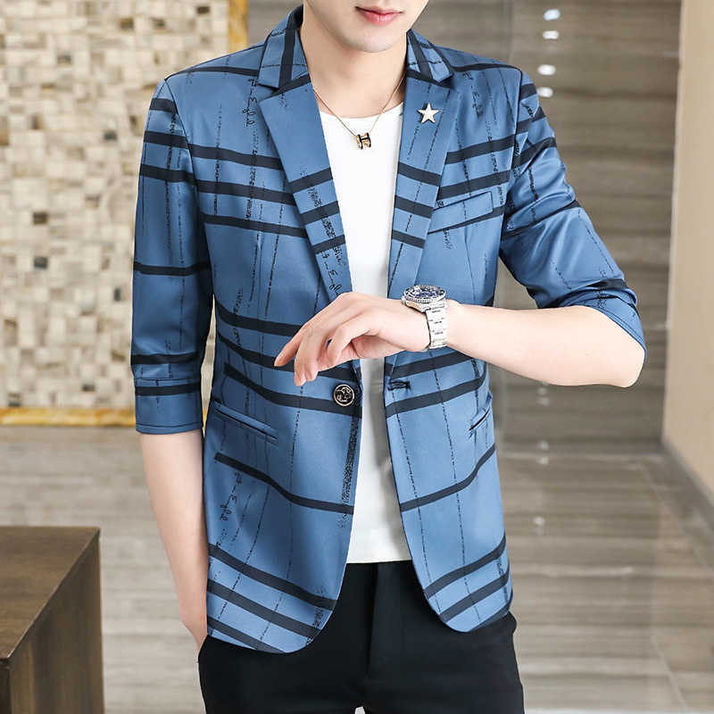 Fashion Men Blazers Plaid Casual Suit Jacket 3/4 Sleeve Wedding Business Blazer Street Wear Social Slim Coat Costume Homme 210527