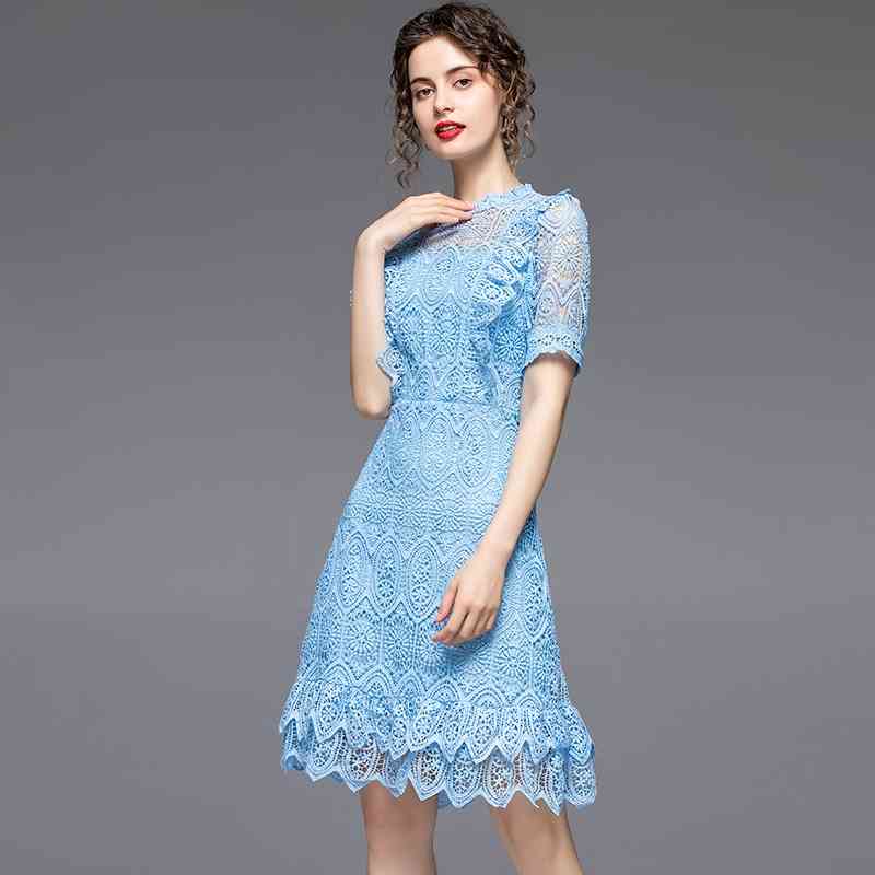 Fashion Summer Runway Women Lace Dress Ruffles Short Sleeve Hollow Out Party Vintage Mermaid Vestidos 210520