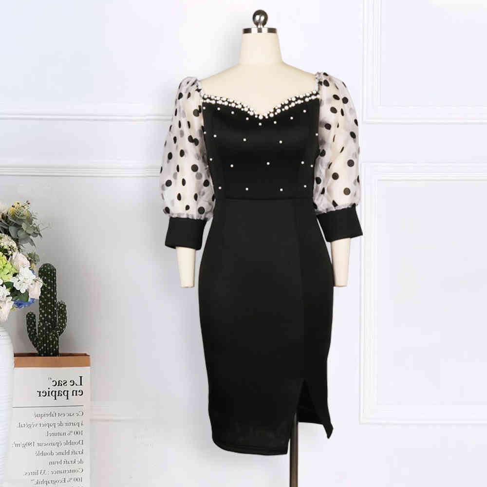 Women Sexy Black Dress Off Shoulder with Polka Dot Mesh Sleeves Patchwork Beading Party Bodycon Slim Fashion for Event Occation 210409