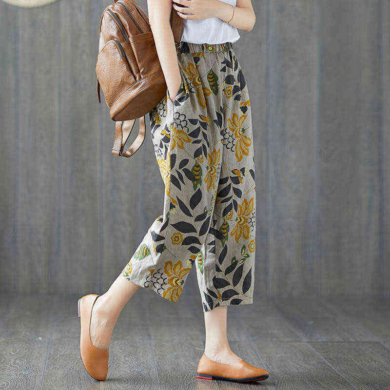 F&je Spring Summer Women Pants Plus Size Elastic Waist Geometric Cotton Linen Harem Vintage print Loose Wide Leg D44 211115