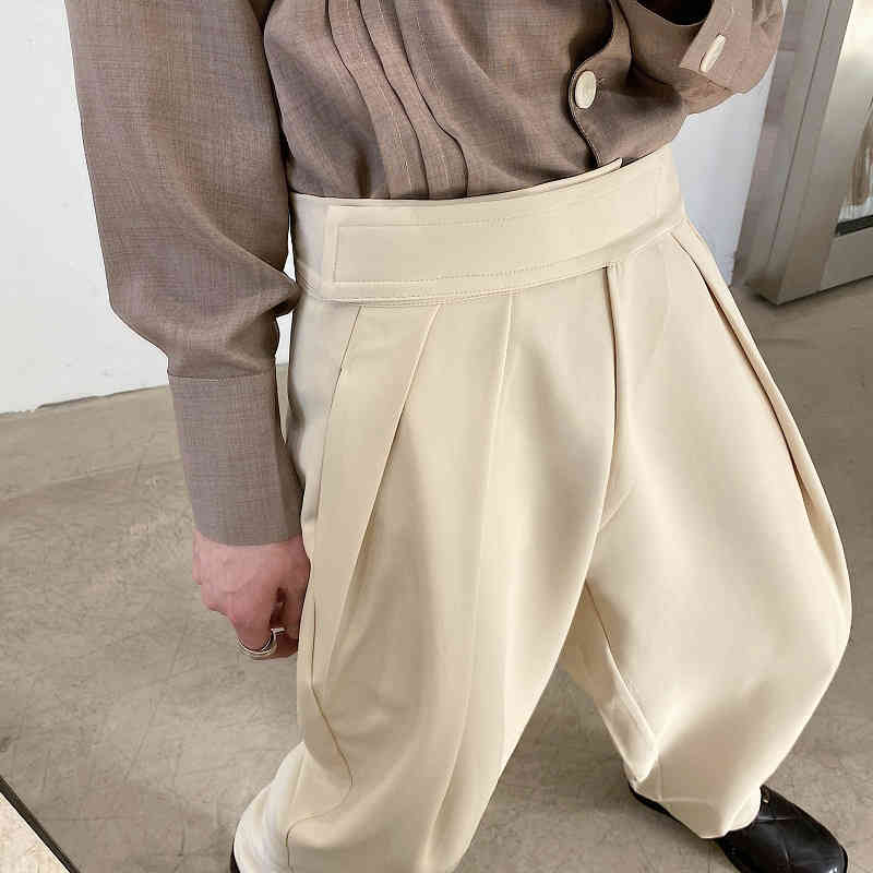 IEFB / Korean style adjustable high waist wide leg pants men casual loose wide leg pants for men trousers fold front 9Y4217 210524