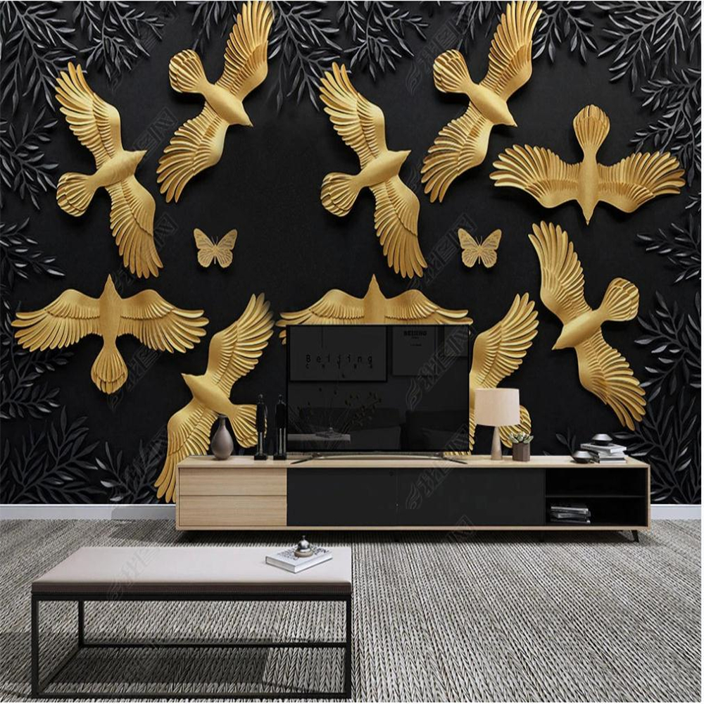 Custom gold birds wallpapers 3d murals wallpaper for living room stereoscopic