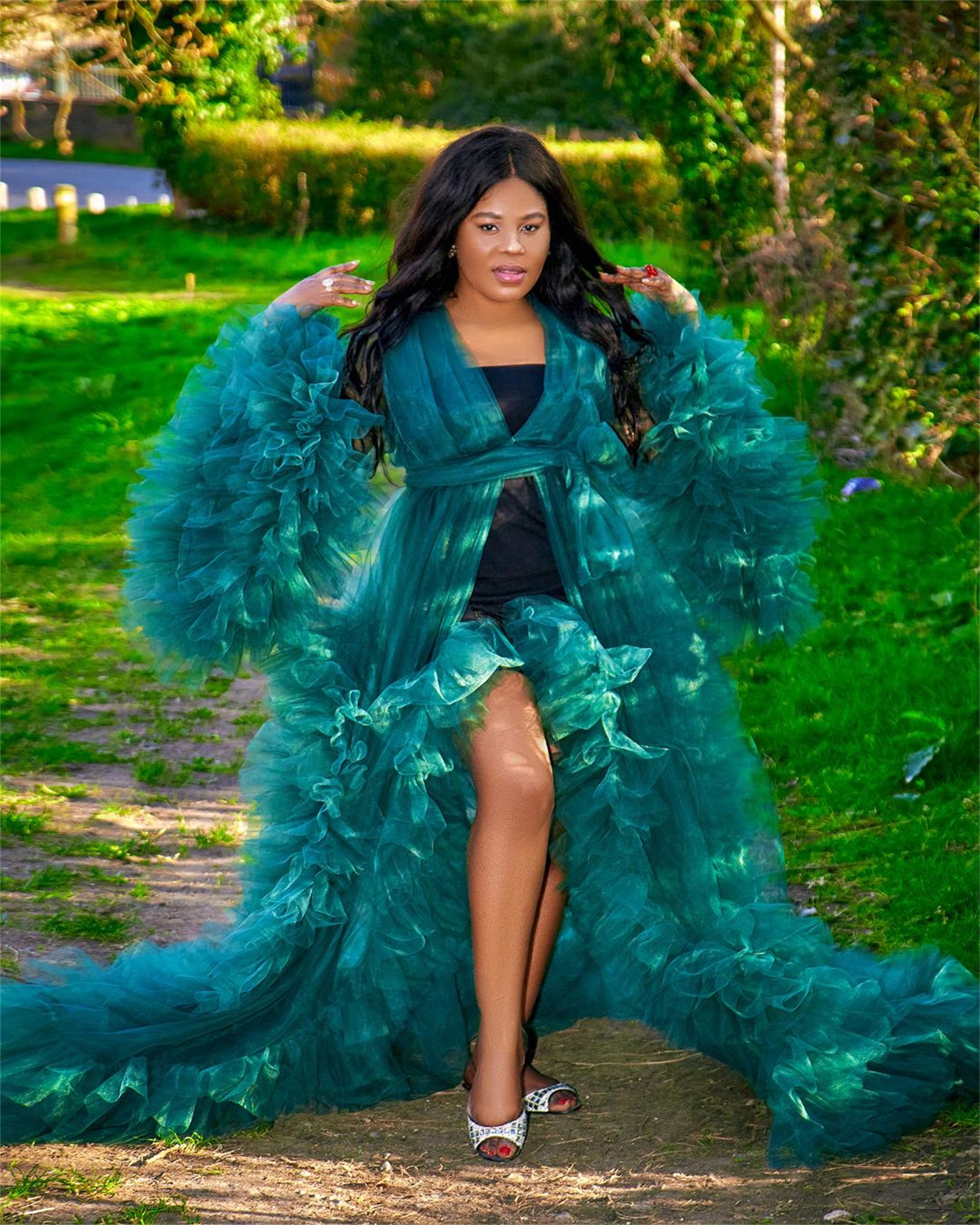 Dark Green Pregnant Photo Sleepwear Pajam Robe Ruffles Tulle Maternity Gowns for Photoshoot Custom Made Bathrobe Prom Maxi Dress