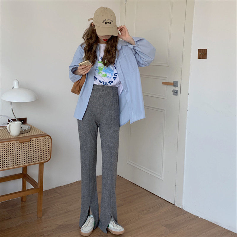 Korean Slim High Waist Stylish Women Streetwear All Match Casual Office Lady Trousers Chic Split Boot Cut Solid Pants 210421