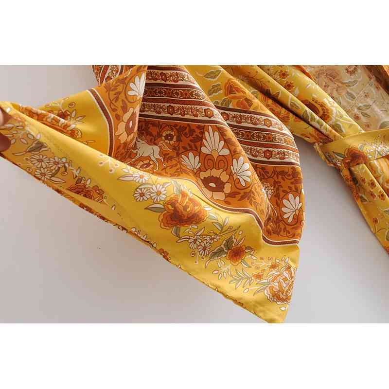 Bohemia V neck Gold Flower Print Maxi Long Kimono Cardigan Ethnic Women Lacing up Bow Sashes Shirt BOHO Loose Blouse Tops 210429