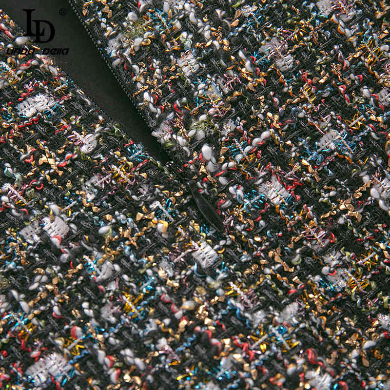 Summer Elegant Tweed Mini Dress Women Runway Mesh patchwork Print Long sleeve Vintage Party 210522