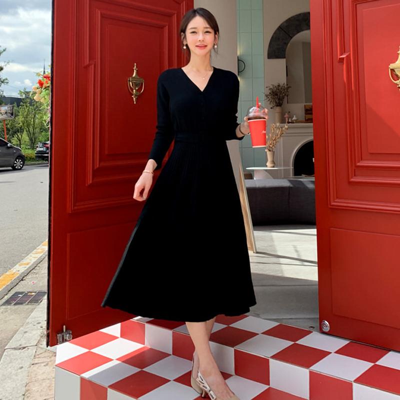 Elegant Dresses Women Solid Long Sleeve V-neck Knitted Sashes Slim Waist Pleated Woman Dress All-match Fashion Vestidos Female Casual