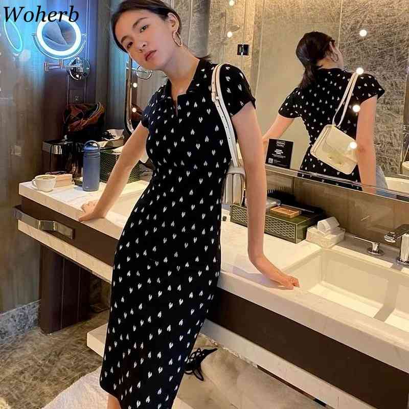 Knitted Sexy Vestidos Elegant Heart Print Black Dress Chic V-Neck Bodycon Pencil Robe Women All Match Dresses Femme 210519