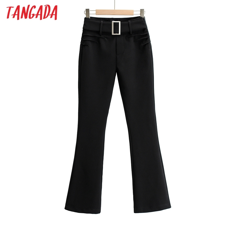 Fashion Women Black Belt Suit Trousers Pockets Buttons Office Lady Pants Pantalon 4P54 210416