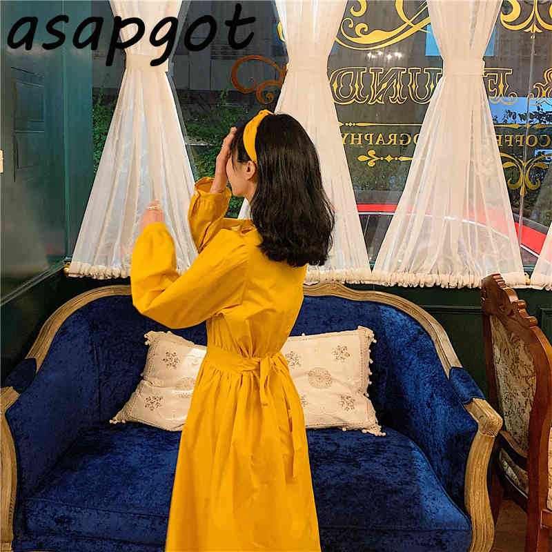 Autumn O Neck Puff Long Sleeve Yellow Dress Women Retro Casual Loose Lace Up Waist Temperament Chic Korean Vestido Feminino 210429