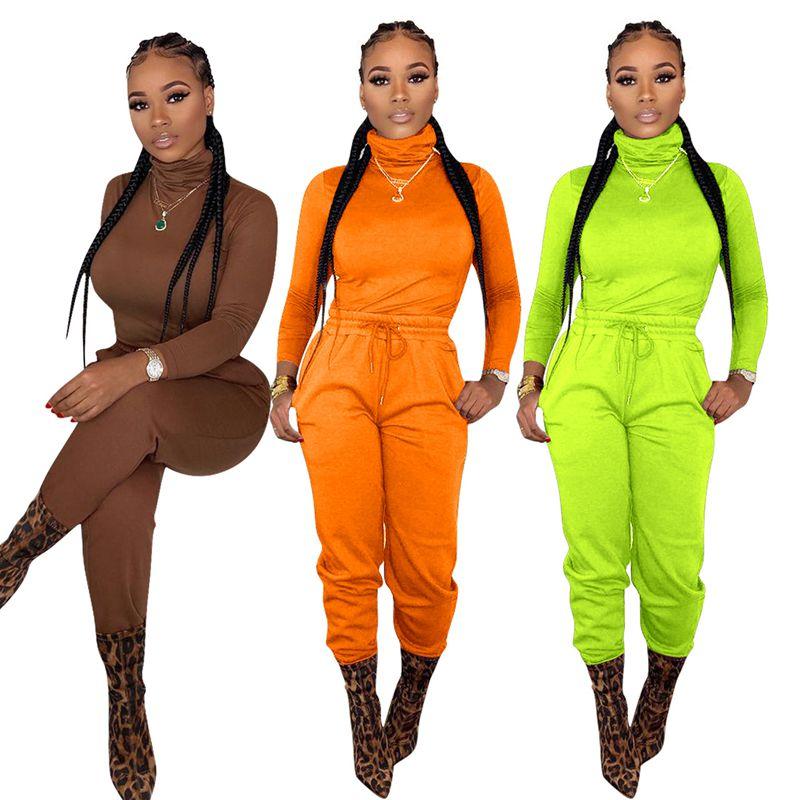 Fashion Women Two Piece Set Rave Festival Clothing Turtleneck Top And Pant Sweat Suits Fall Outfits Casual Solid Matching Sets Women's Track