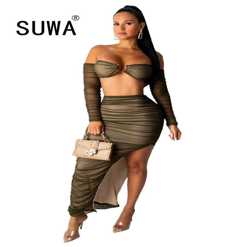 Spring Winter Women Set Full Sleeve Mesh Tracksuits Slash Neck Crop Top+Skirts Suit Two Piece Sexy Bandage Outfits 210525, Army green
Spring Winter Women Set Full Sleeve Mesh Tracksuits Slash Neck Crop Top+Skirts Suit Two Piece Sexy Bandage Outfits 210525, Army green