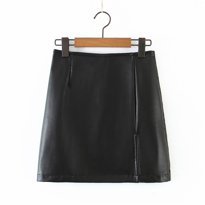 Evfer Women Elegant High Waist Black Faux Leather Mini Skirts Chic Lady Fashion Back Zipper Slim Skirt Girl Slit Short Pu 210421