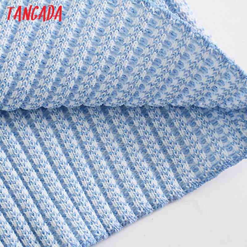 Women Blue Plaid Knitted Tank Top Sleeveless Backless Female Knit Tops 3N29 210416