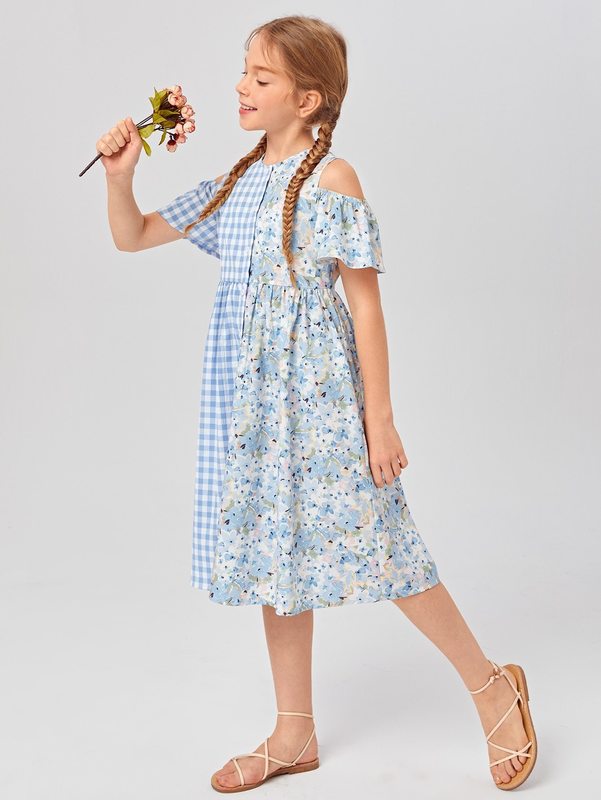 Girls Floral Gingham Cold Shoulder Dress SHE