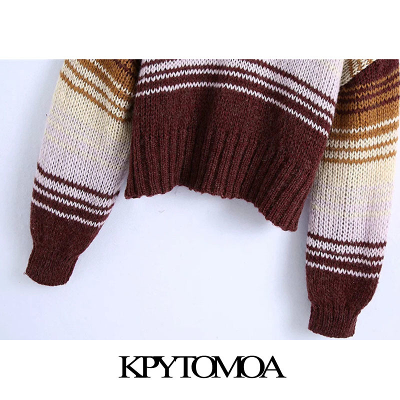 Women Fashion Oversized Striped Knitted Sweater O Neck Lantern Sleeve Female Pullovers Chic Tops 210420