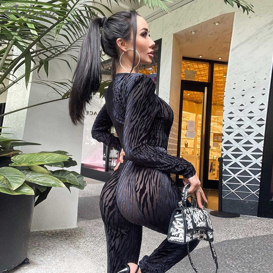 Fashion Black Sexy Long-Sleeved Printed High-Neck See-Through Jumpsuit Elegant Ladies Party Wear Tights 210527