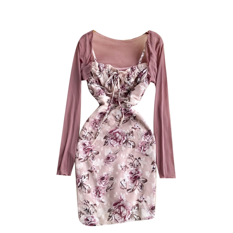 Women's Summer Sheath Floral Print Dress Set Long-sleeved Sun Protection Shirt Top All-match Sexy Suspender Dress Two-piece Suit 210515