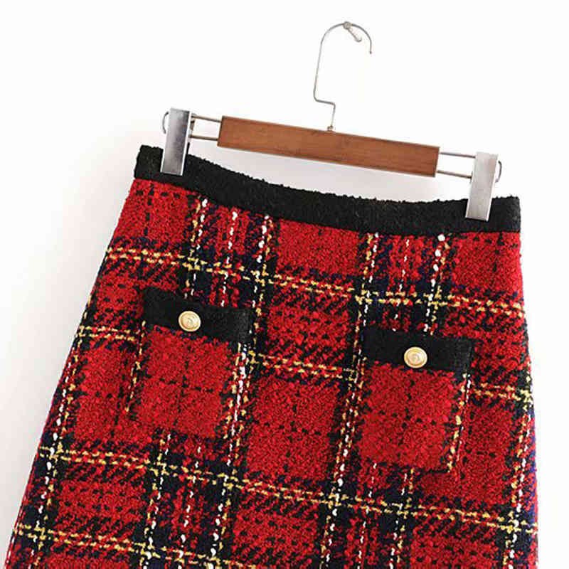 Women Elegant Tweed Plaid Skirt Pockets A Line Fashion Mini Skirts Ladies Summer Zipper Vintage Bottoms Faldas Mujer Moda 210515