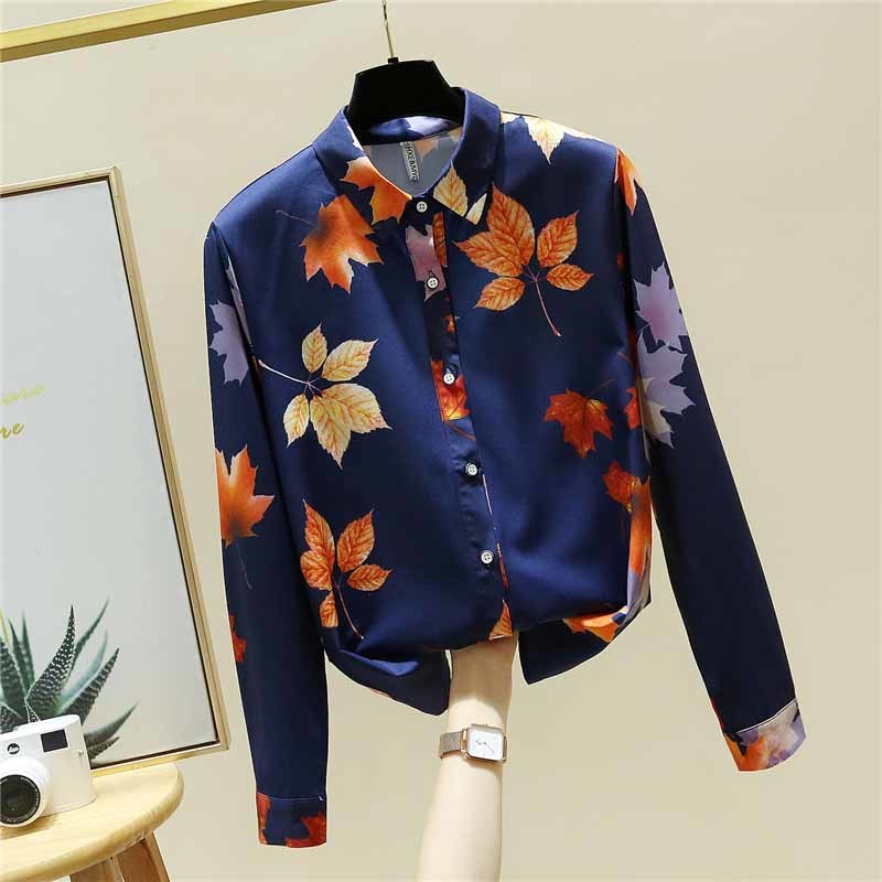 Plus Size Cardigan Autumn Fashion Maple Leaf Print Long Sleeve Blouse Women Korean Style Chiffon Tops Lapel Shirts Blusas 11514 210518