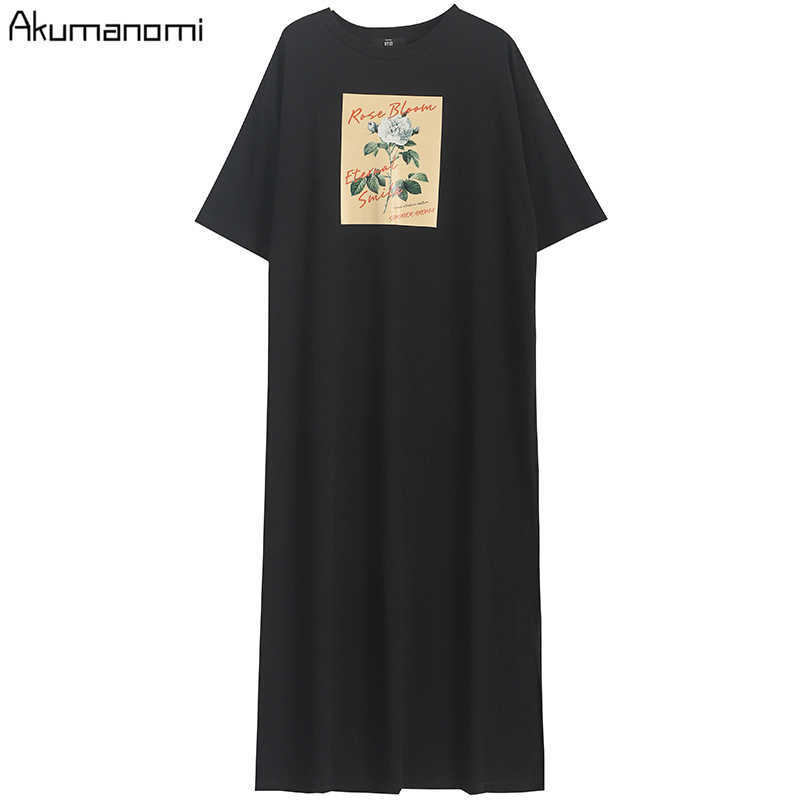 Cotton Tops Plus Size 7xl 6xl 5xl 4 Xxxl Black Maxi T Shirt Dress Women Summer Party Vintage Straight Casual Double Slit Dresses 210630